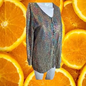 Dressy Betsy Women's Vintage Multicolored Metallic Sequined‎ Button Down Blouse